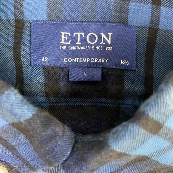 Eton Flannel Shirt Large 42 16.5 Blue Contemporary Fit Lightweight Plaid Indigo - Picture 6 of 13